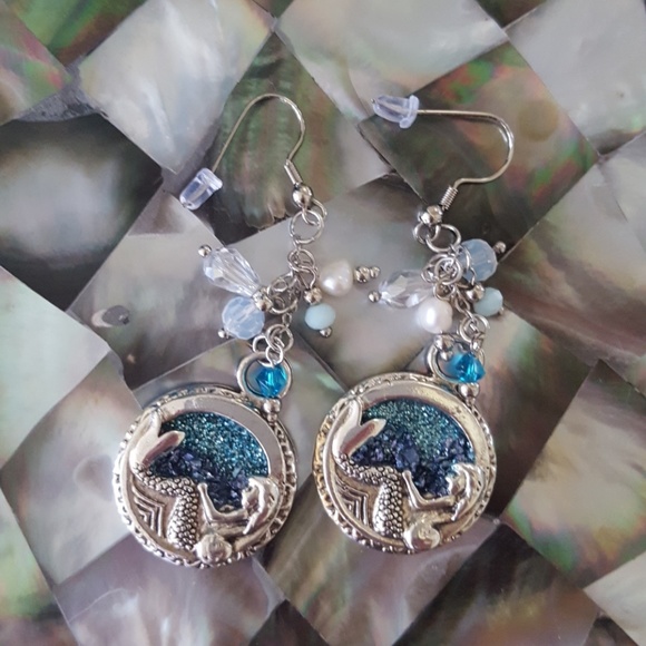 Blue druzy Mermaid Dangle drop Earrings Hypoallergenic Stainless Steel J Hooks - Picture 2 of 10